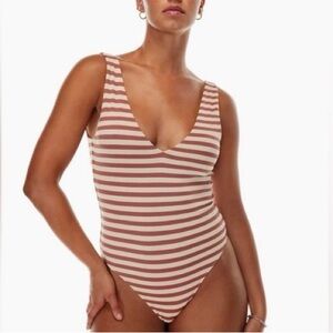 Aritzia Babaton Contour V-Neck Bodysuit‎ Striped Flax & Sundried NEW Size L